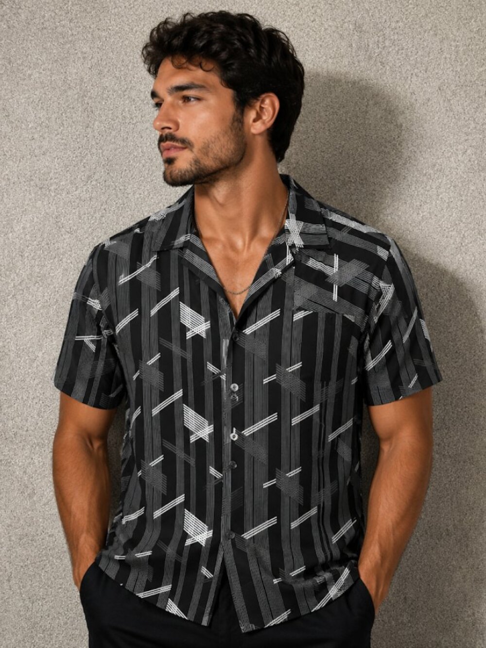 Vintage Y2K Bruttini Men's LG Geometric Stripe Button Up Shirt Black/White